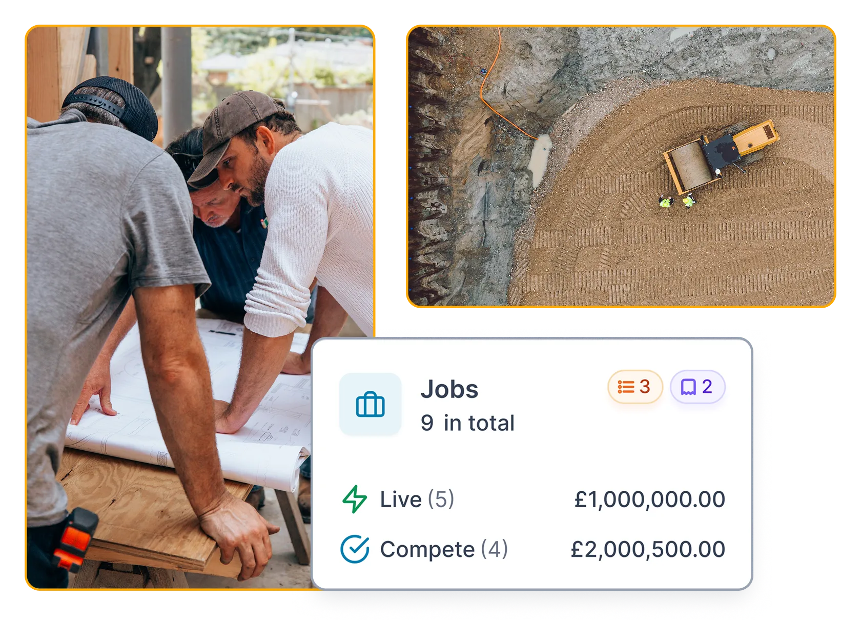 Project work split into connected jobs, alongside construction site photographs.