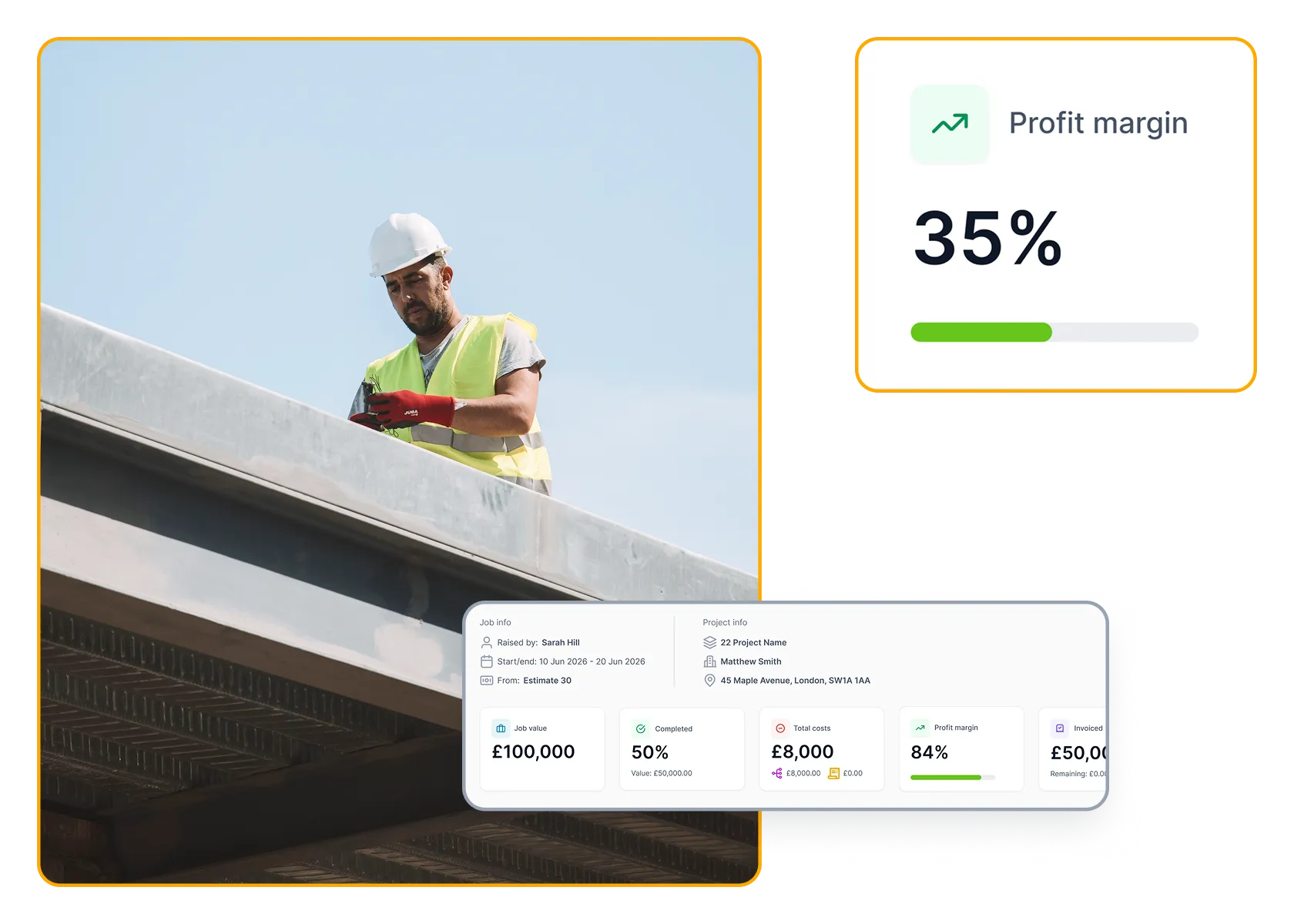 Job progress and cost information beside construction site photographs.