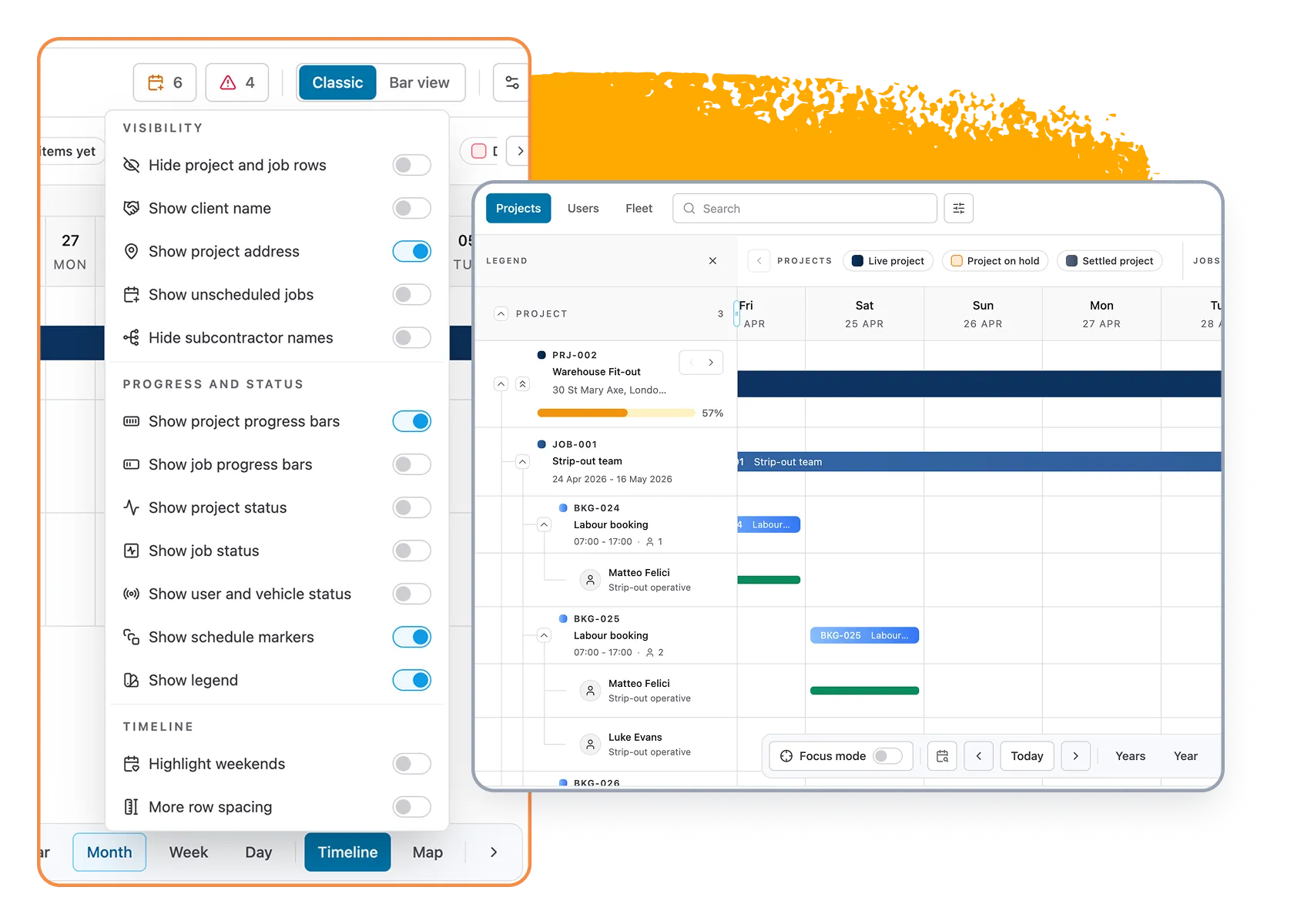 Schedule display options alongside the project timeline in iPro Suite.
