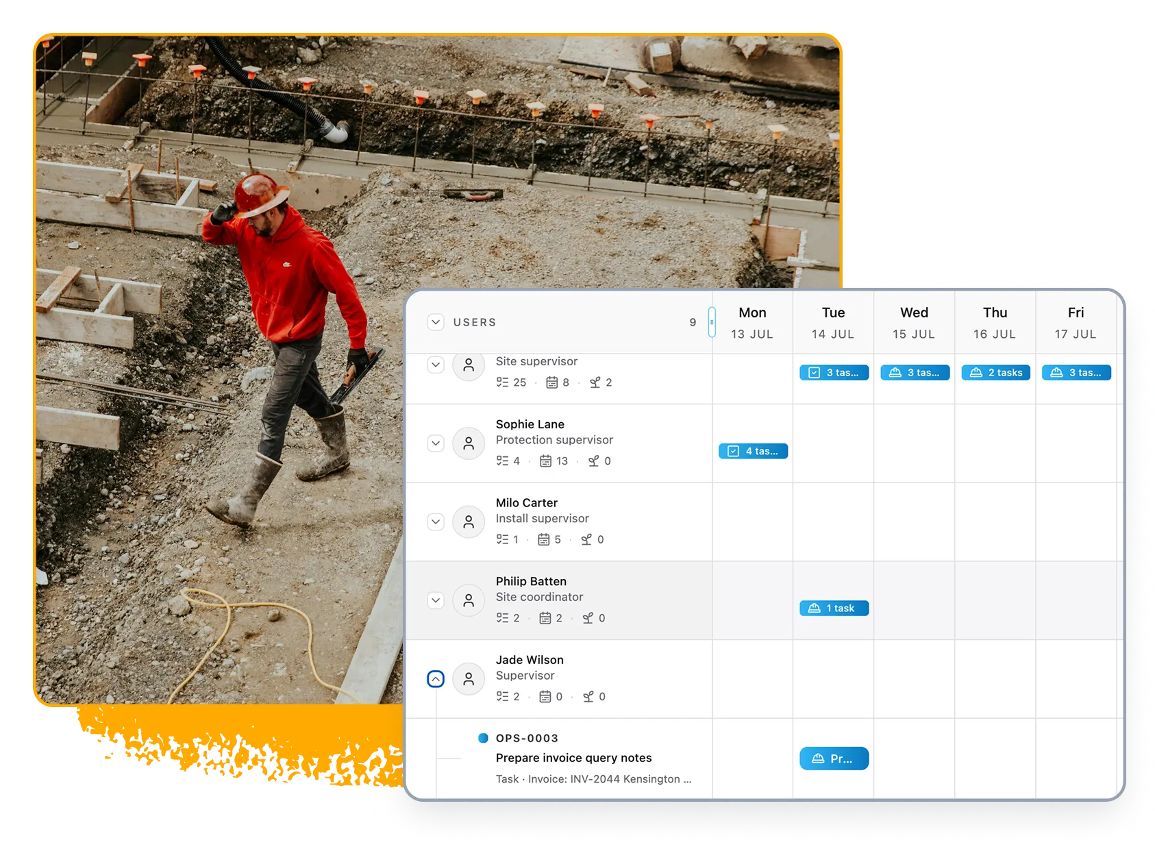 Team bookings, tasks and time off displayed in the scheduling view.