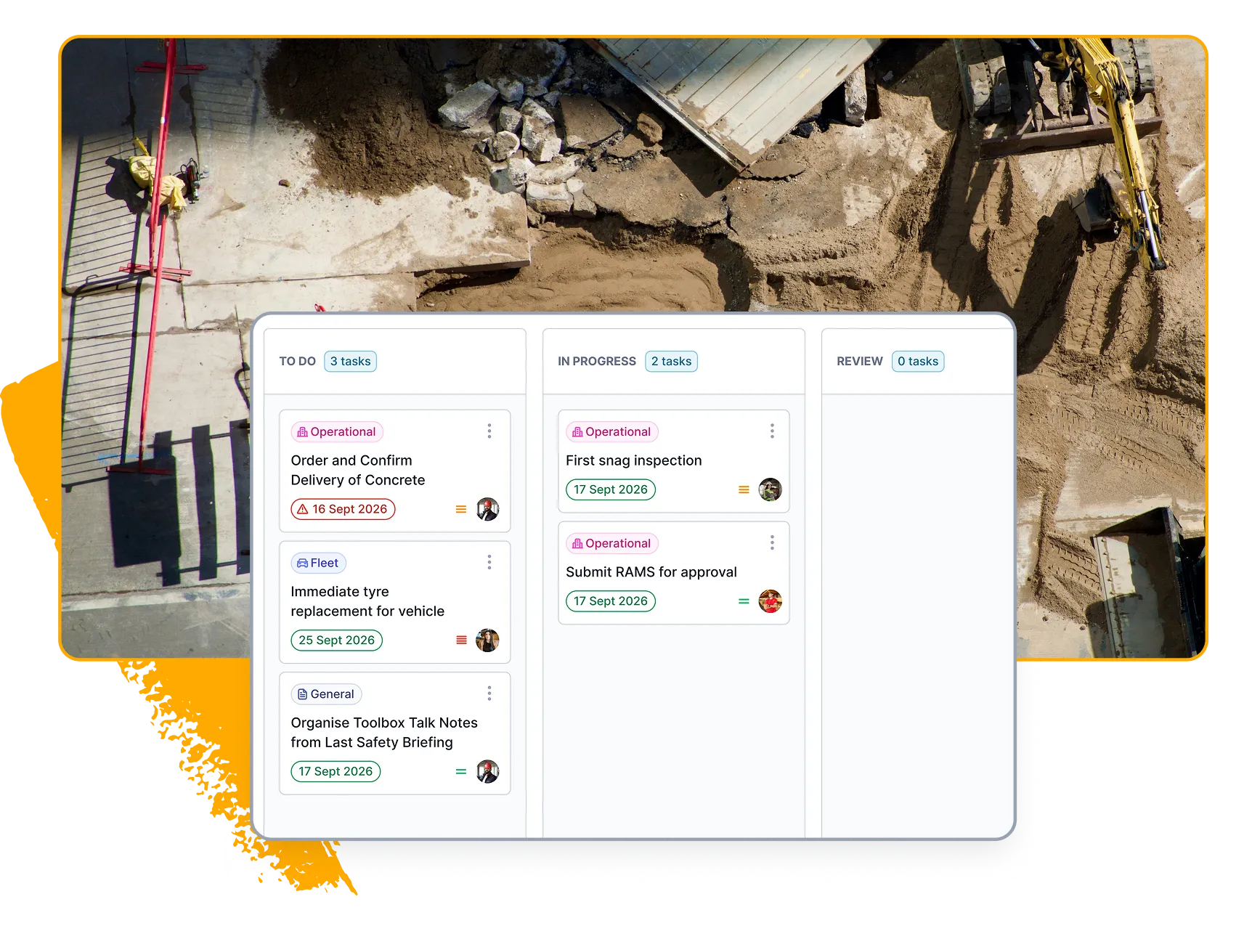 Tasks linked to their relevant work records beside a worksite photograph.