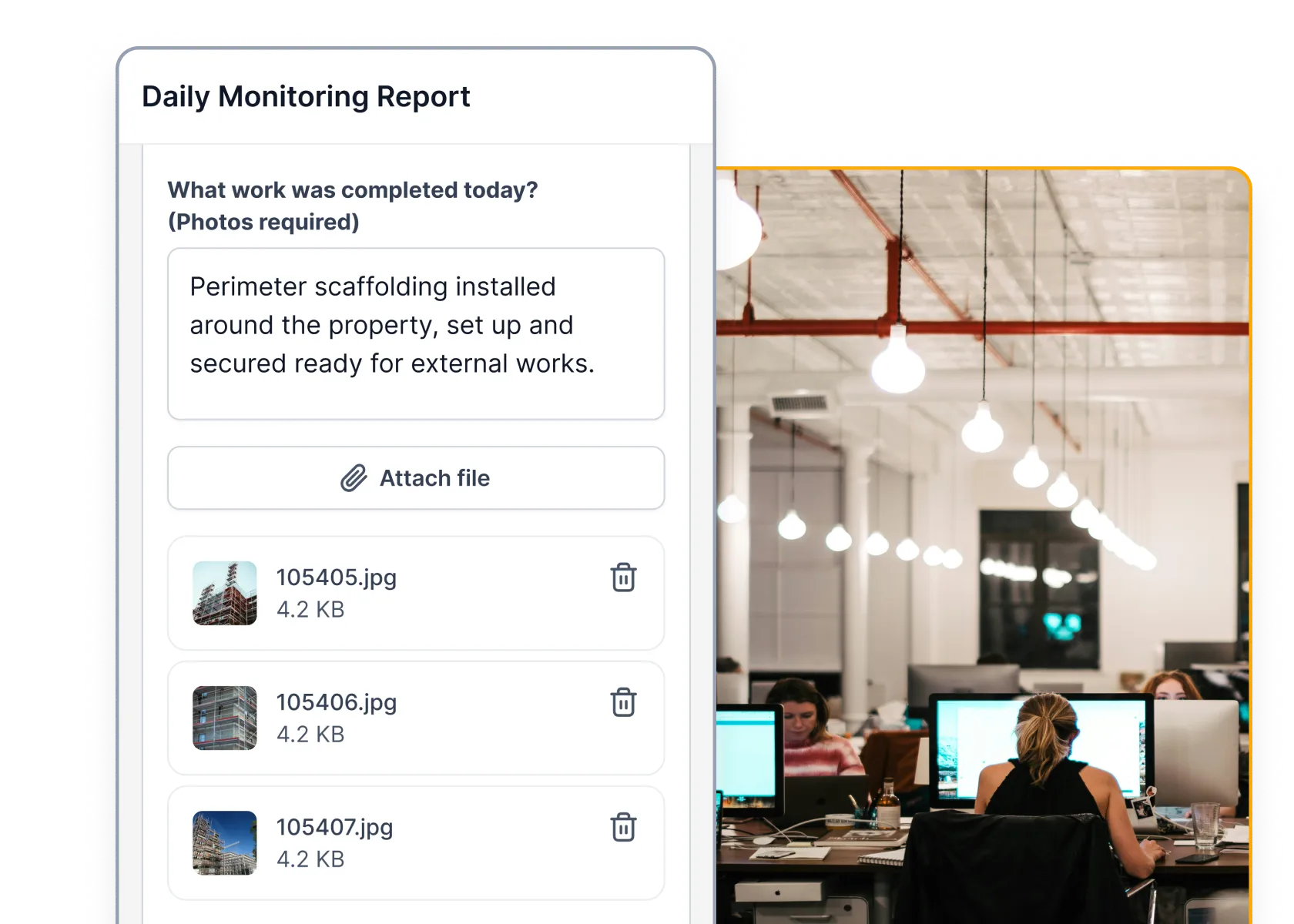 Mobile forms and job progress screens for recording evidence from site.