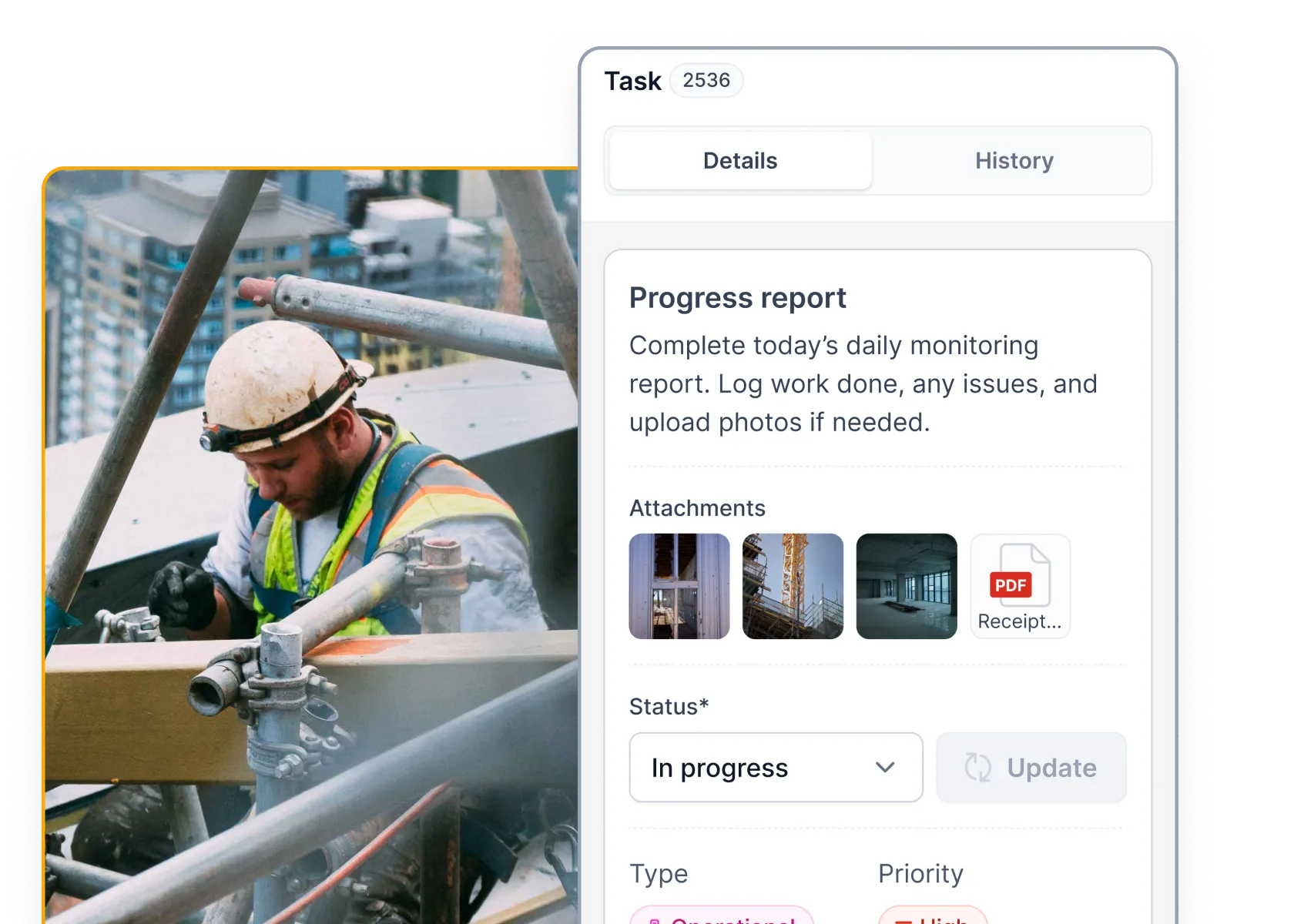 Mobile booking and task screens with work details and instructions.