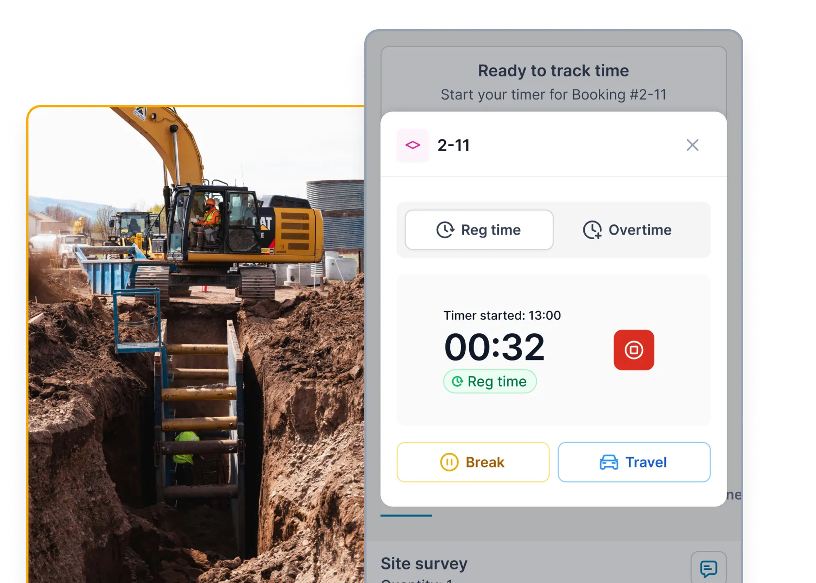 Mobile booking time tracker showing breaks, overtime and recorded work location.