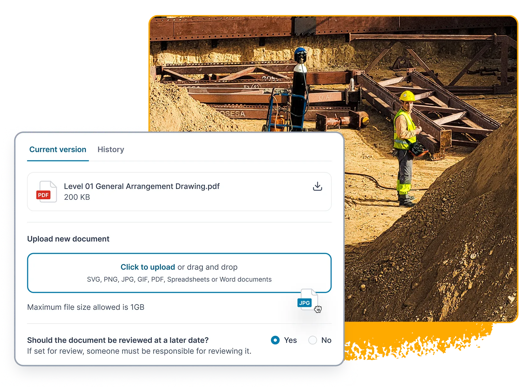 Document version history and upload controls beside construction workers.