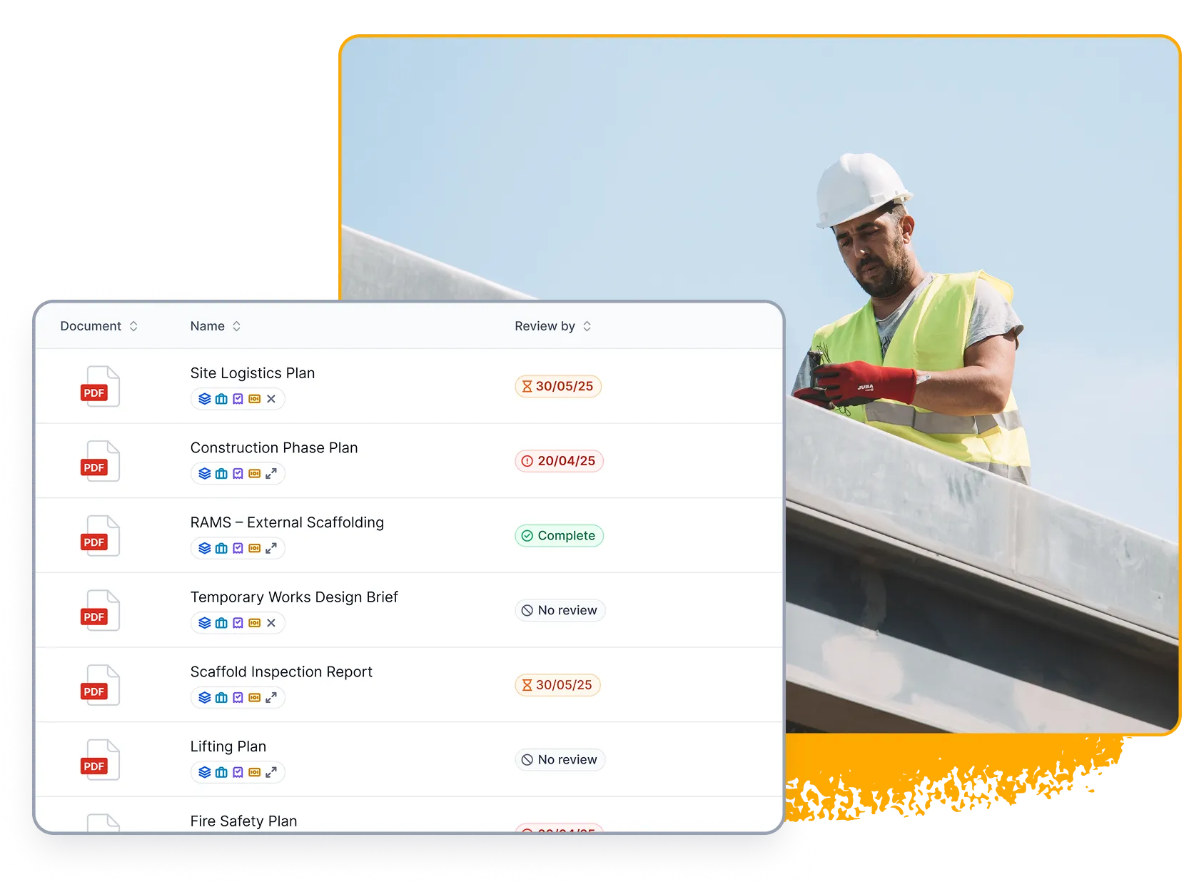 Document library showing upcoming review dates beside a construction worker.