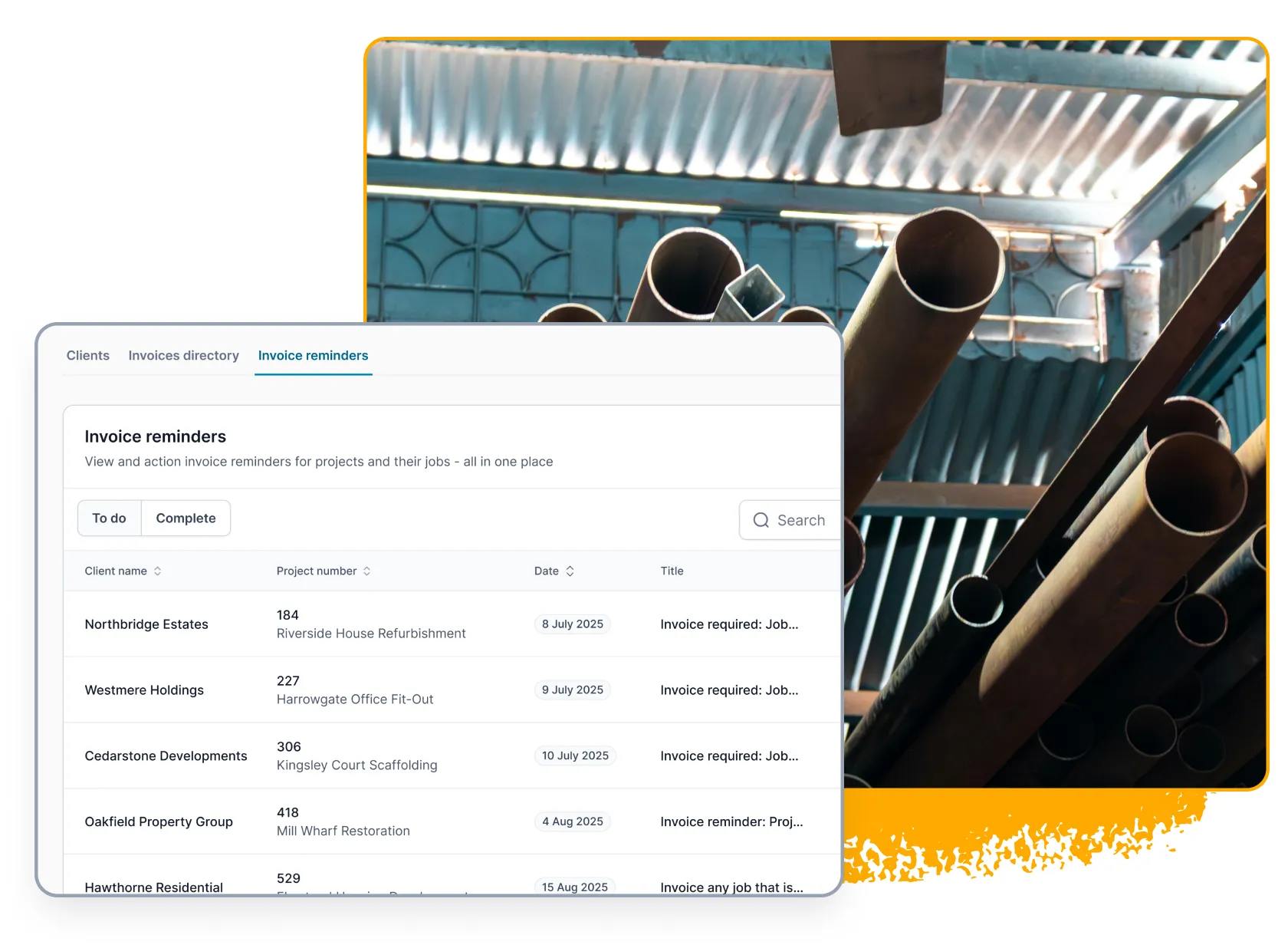 Invoice overview with reminders and completion status in iPro Suite.