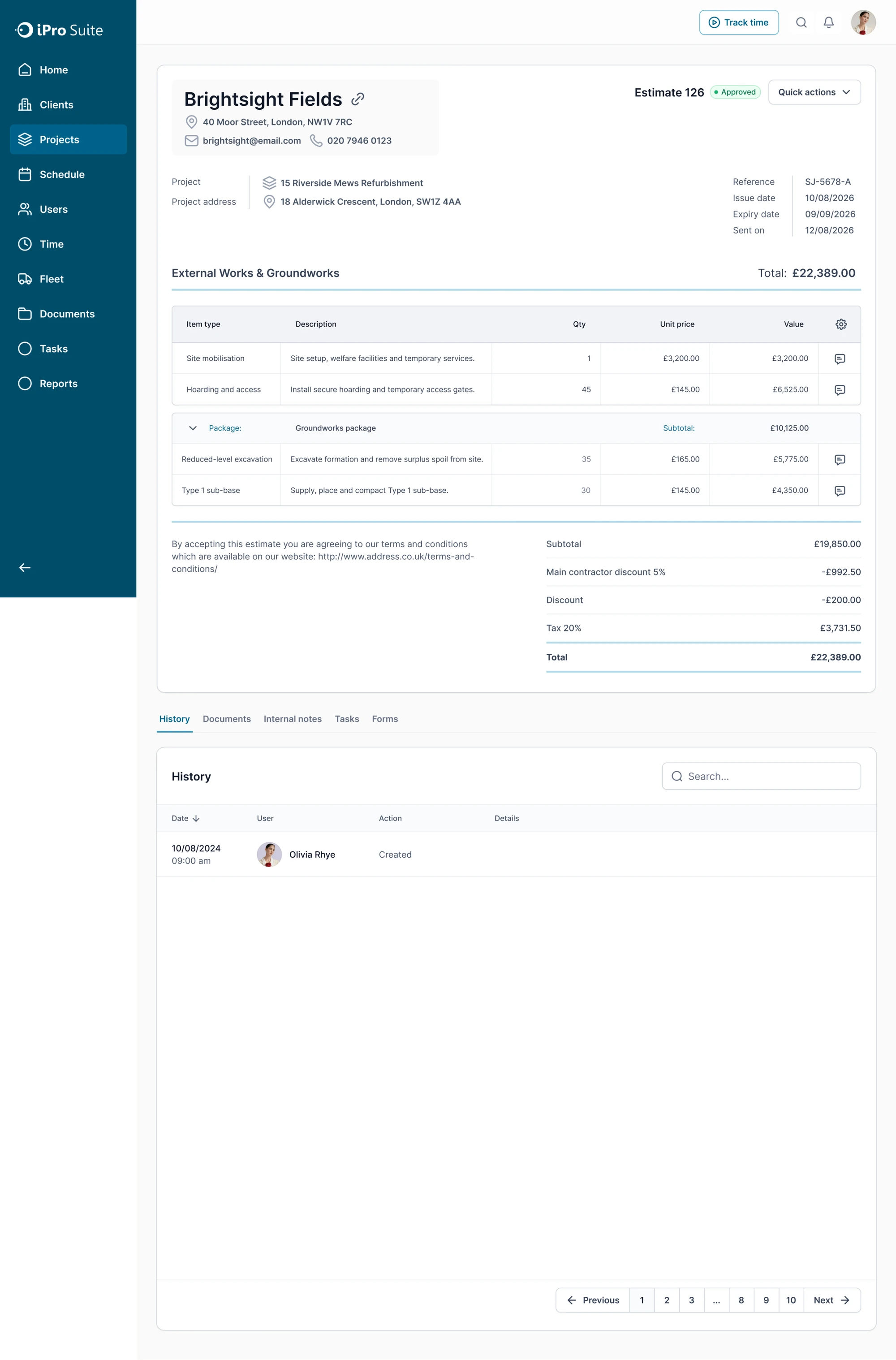 iPro Suite estimate details and client information