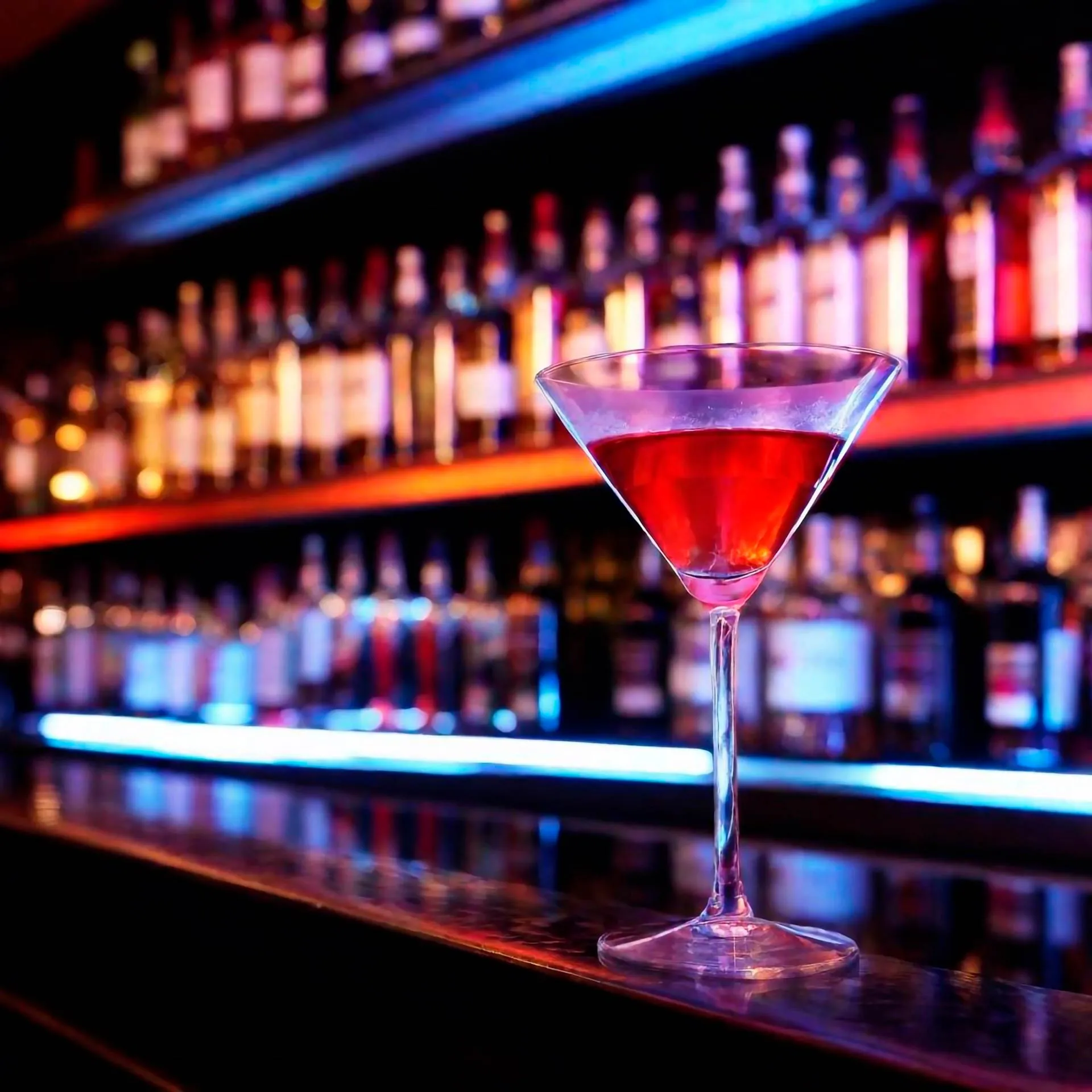 A classic martini glass filled with a clear drink sits elegantly on a polished bar counter.