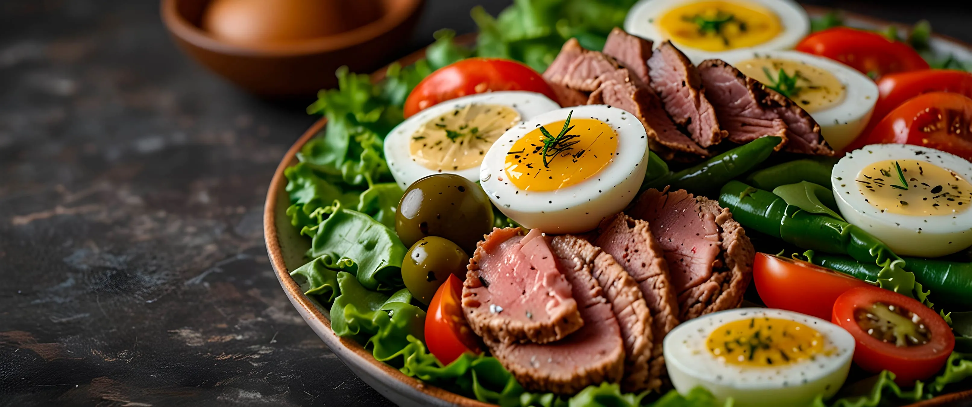 A plate featuring a serving of meat, eggs, and a variety of colorful vegetables arranged neatly.