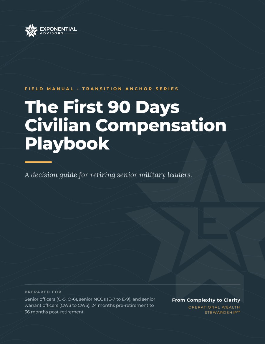 Cover of The First 90 Days Civilian Compensation Playbook, a decision guide for retiring senior military leaders from Exponential Advisors