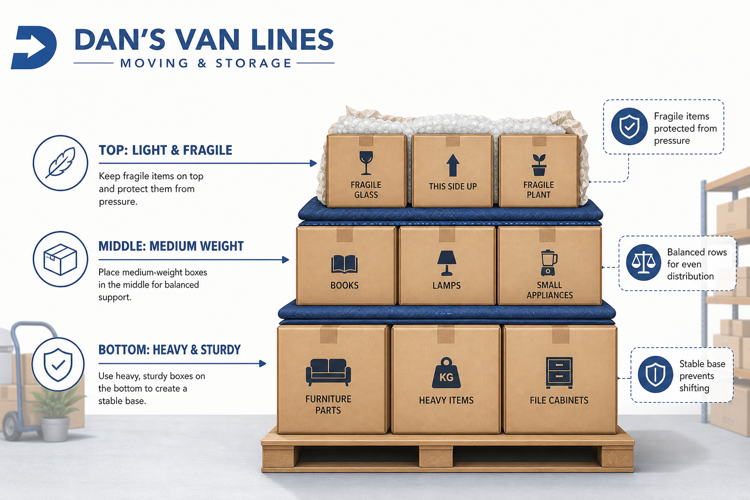 Stacking diagram with heavy boxes on the bottom, medium boxes in the middle, and fragile boxes on top, labeled for stability and protection