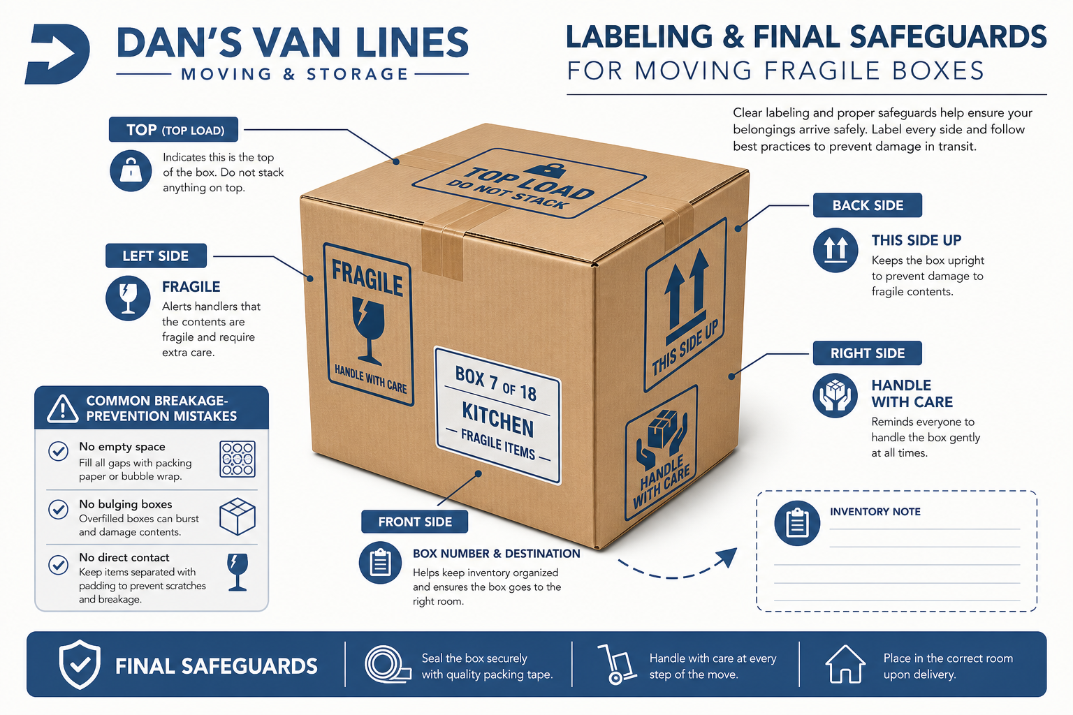 Infographic of a fragile moving box labeled on all sides with handling instructions, box number, room destination, and breakage-prevention checklist.