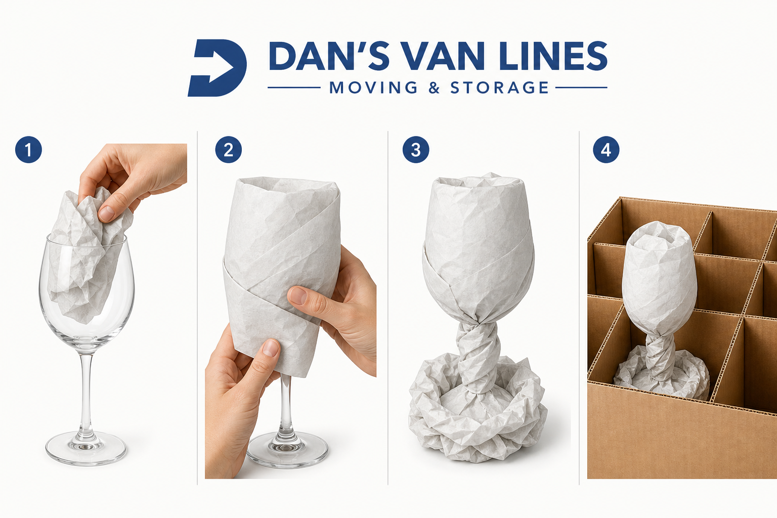 Four-step diagram showing a wine glass packed with paper, wrapped, padded at the stem and base, then placed upright in a cell divider box