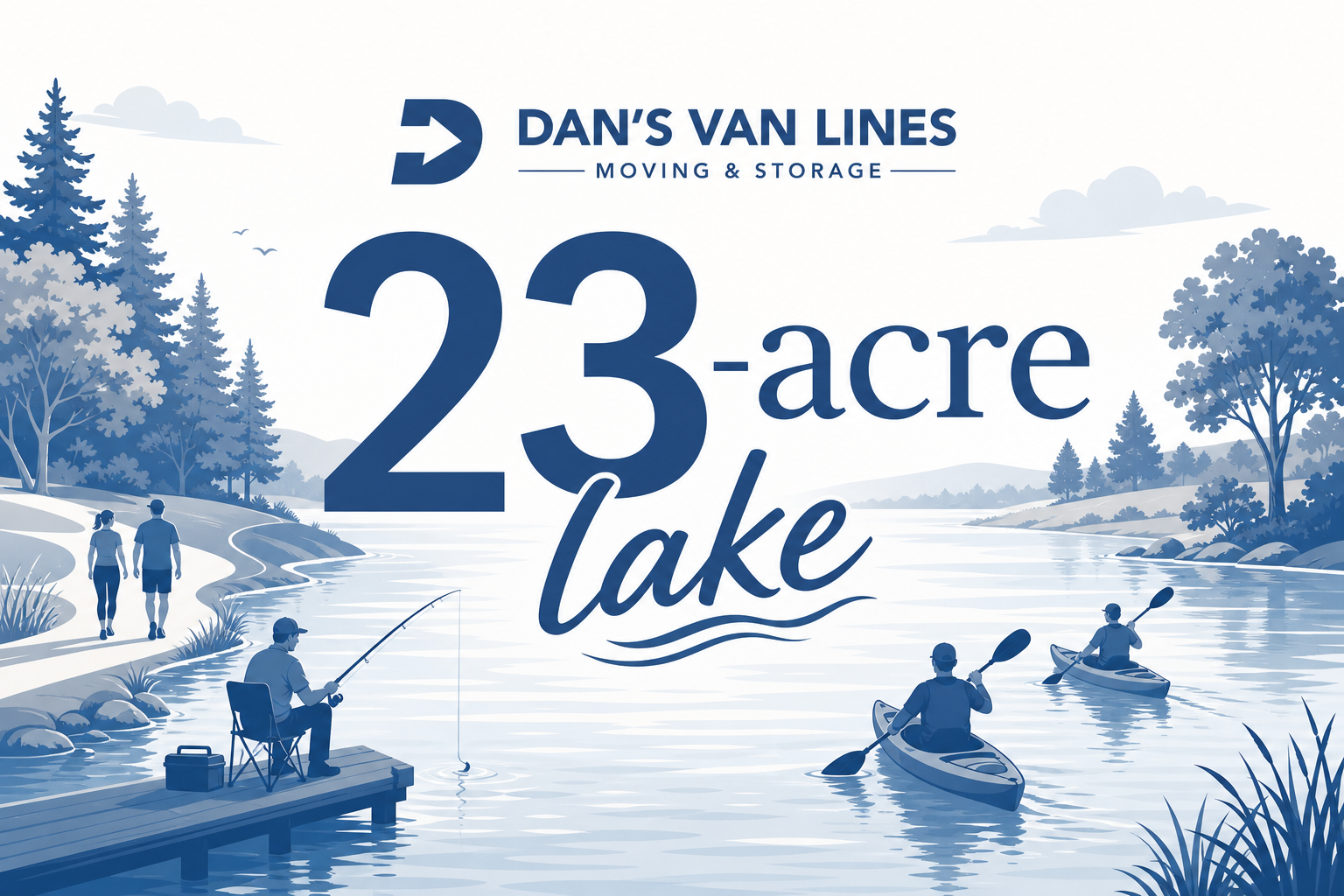 Graphic centered on “23-acre lake” with water, trees, trails, fishing, and kayaks around it, plus Dan’s Van Lines logo