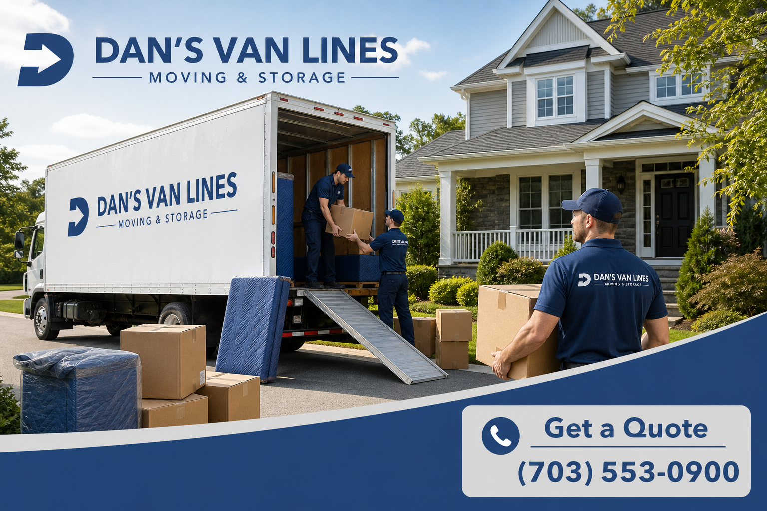 Dan’s Van Lines movers carry boxes beside a moving truck outside a Northern Virginia home with a Get a Quote call to action