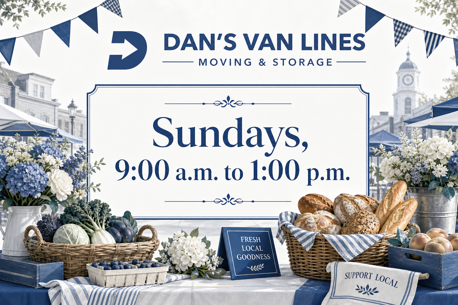 Farmers market graphic with the text “Sundays, 9:00 a.m. to 1:00 p.m.” surrounded by produce, flowers, and baked goods