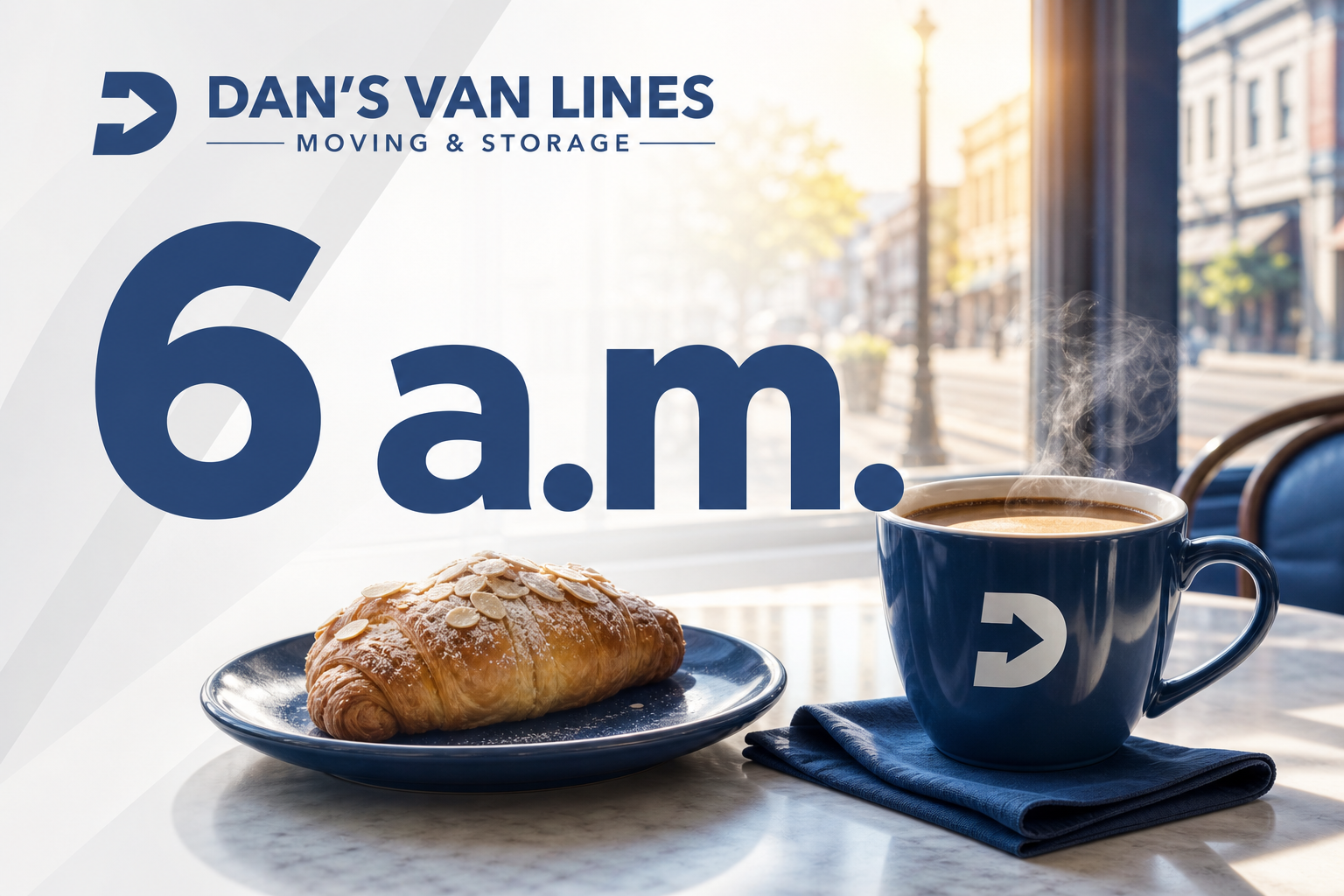 Coffee shop scene centered on “6 a.m.” with a morning cup, pastry, and sunlit downtown street backdrop