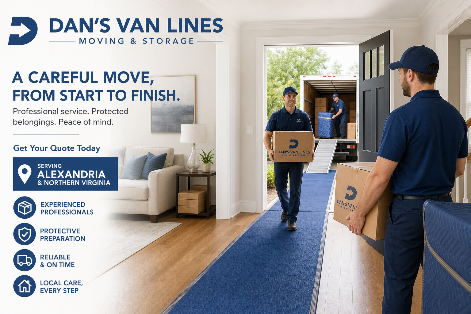 Professional movers carry boxes along a protected floor path toward a moving truck, with a quote call to action for careful moving service
