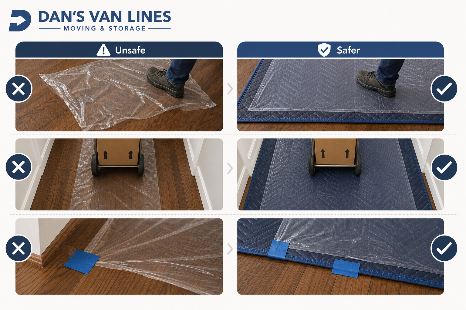 Side-by-side infographic comparing unsafe and safe floor protection: loose plastic, narrow exposed path, and tape on hardwood versus stable runner, wide protected lane, and joined materials.