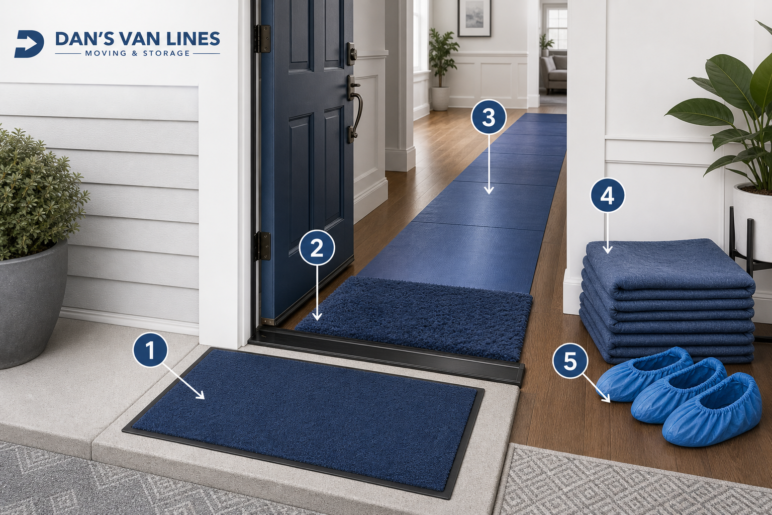 Layered entryway protection diagram with outside mat, absorbent rug, board, towels, and shoe covers stopping moisture and grit at the door