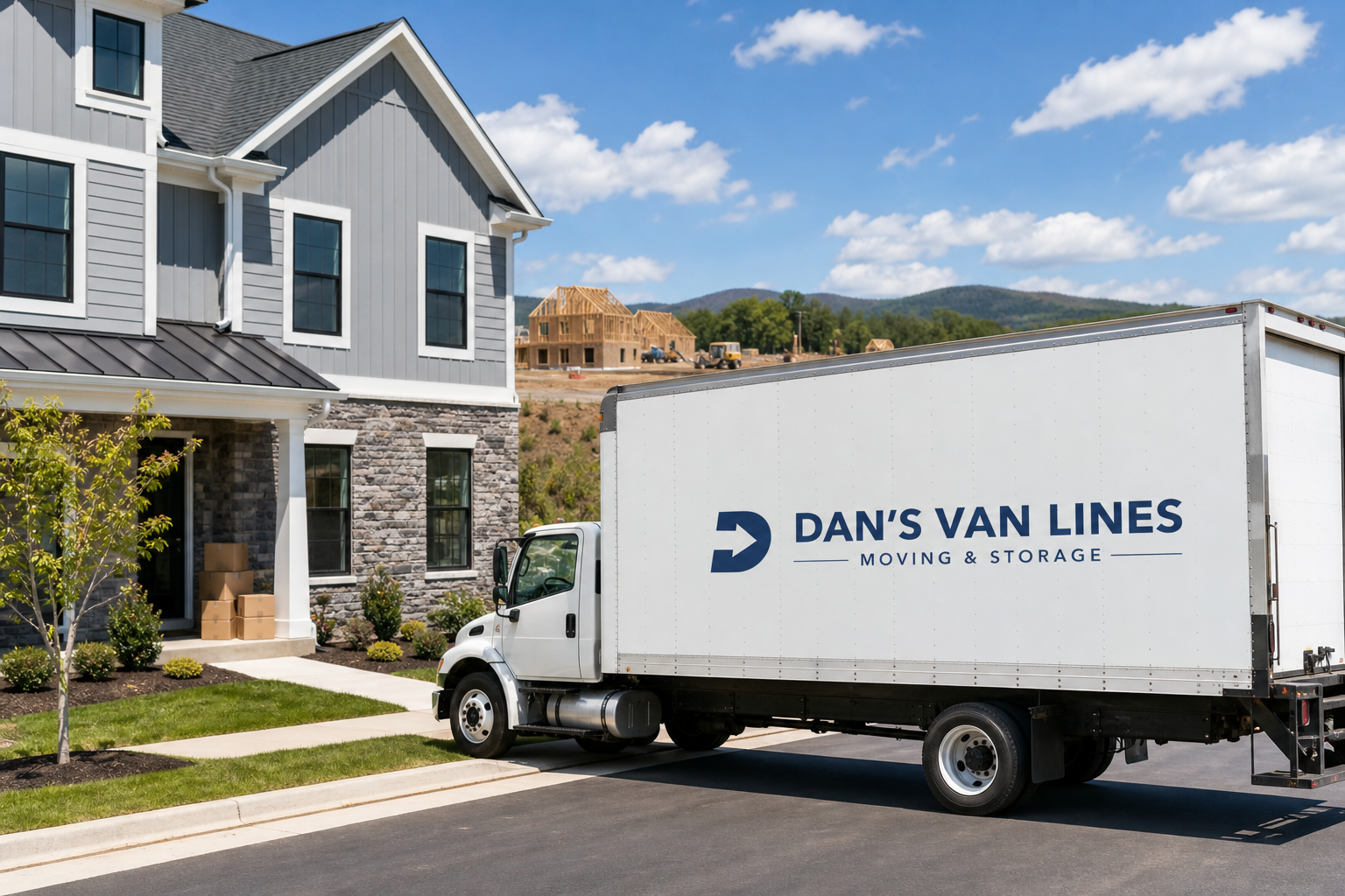 Moving truck parked beside a newly built Haymarket townhome, with fresh landscaping and construction activity in the distance