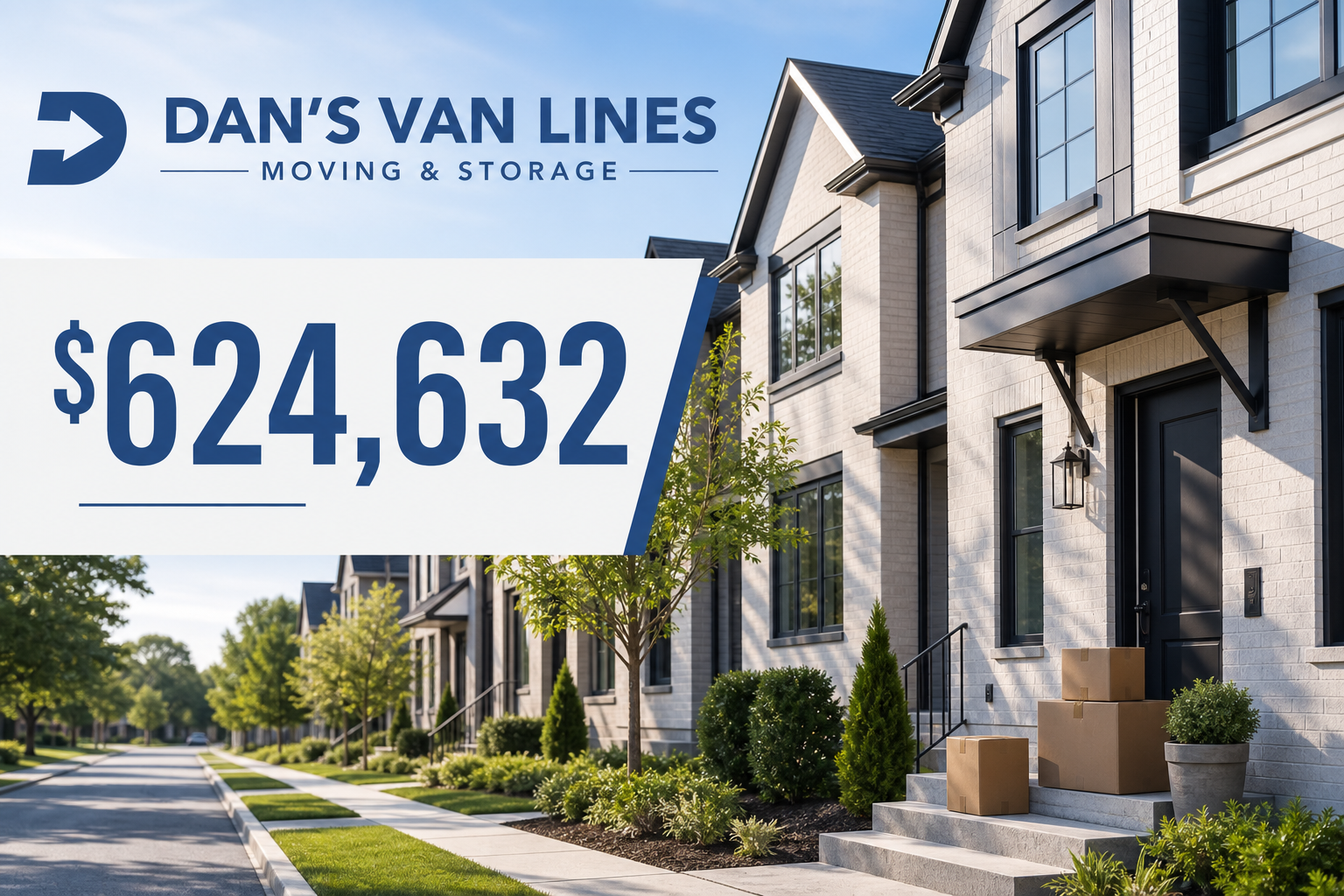 Stat graphic showing $624,632 over new Haymarket townhomes with moving boxes by a front door