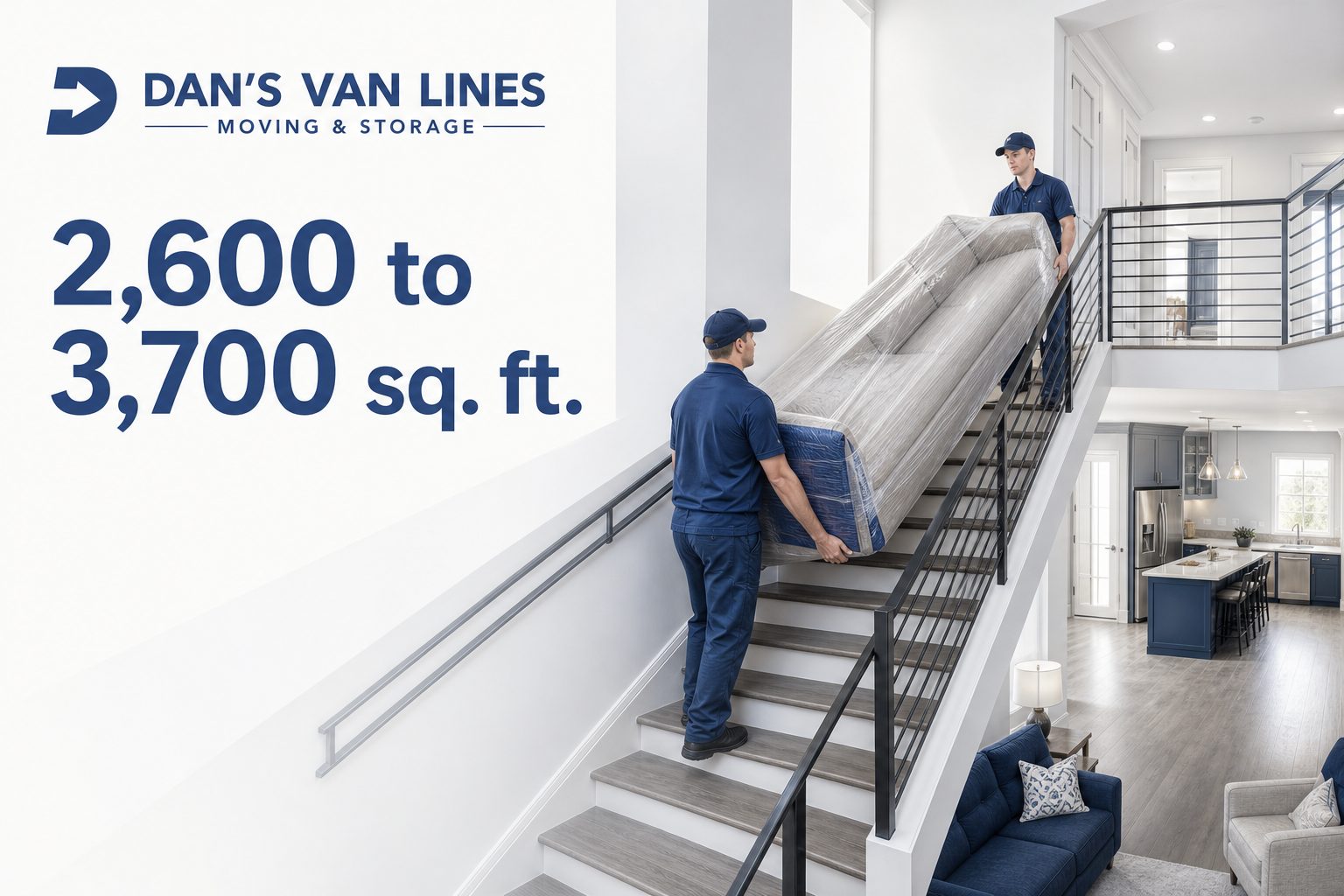 Text reading “2,600 to 3,700 sq. ft.” beside a townhome interior with stairs and movers carrying a wrapped sofa