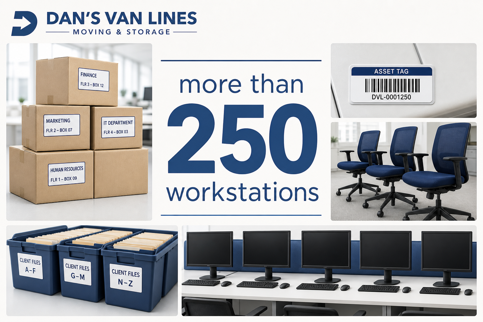 More than 250 workstations shown with labeled boxes, asset tags, chairs, file bins, and monitors in an orderly office move grid