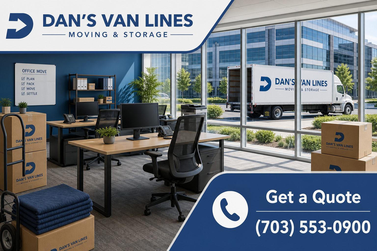 Completed office setup with moving truck outside a glass building and a “Get a Quote” call to action with phone number.