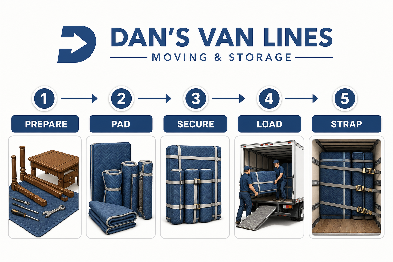 Numbered infographic showing five furniture-moving steps: prepare, pad, secure, load, and strap a disassembled table for safe transport