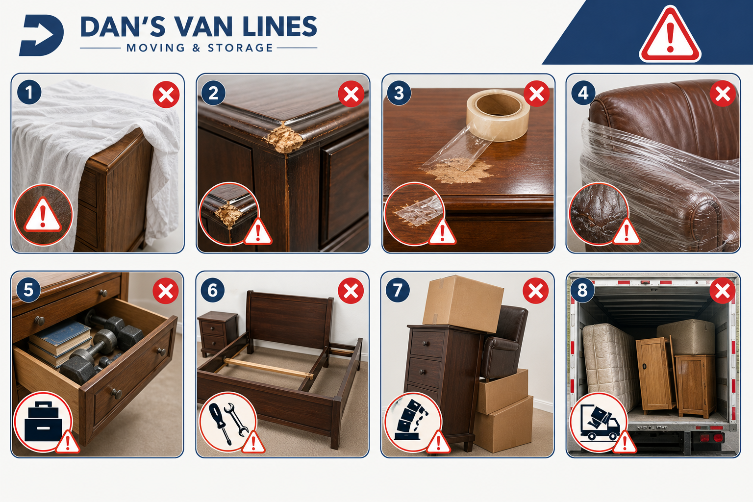 Infographic warning against moving mistakes that can scratch or dent furniture, with red icons beside each error.