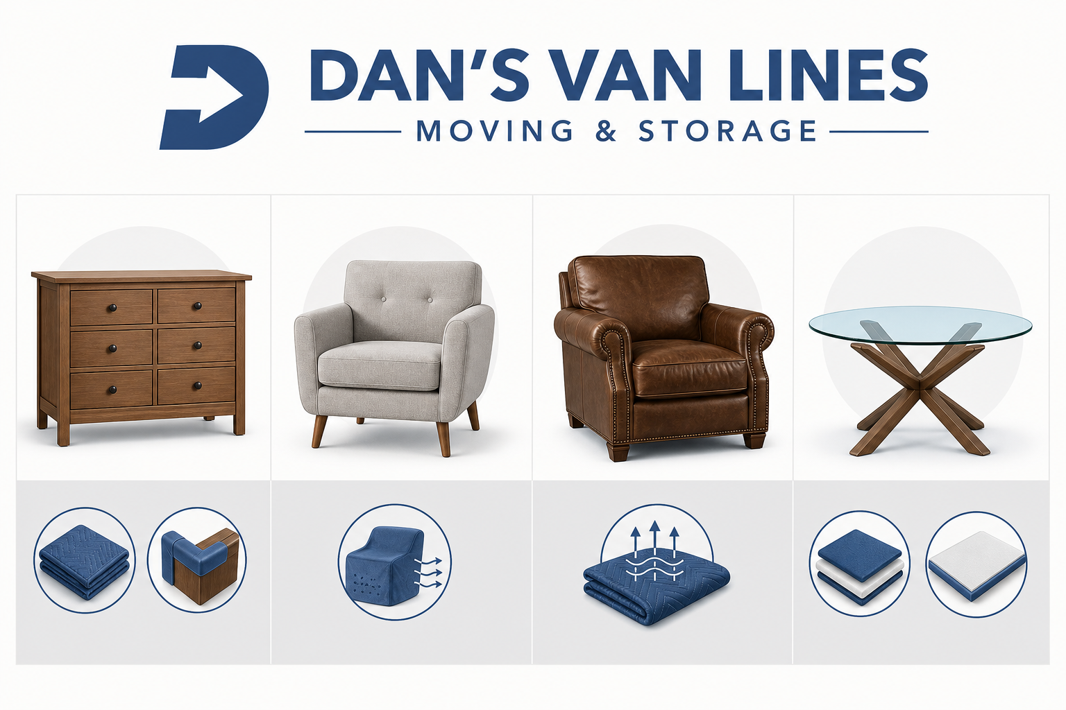 Four-column comparison of wrapping methods for wood, upholstery, leather, and glass furniture when moving