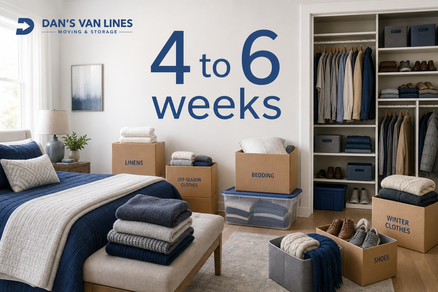 Bright bedroom packing scene with “4 to 6 weeks,” folded linens, seasonal clothes, labeled boxes, and a partially packed closet