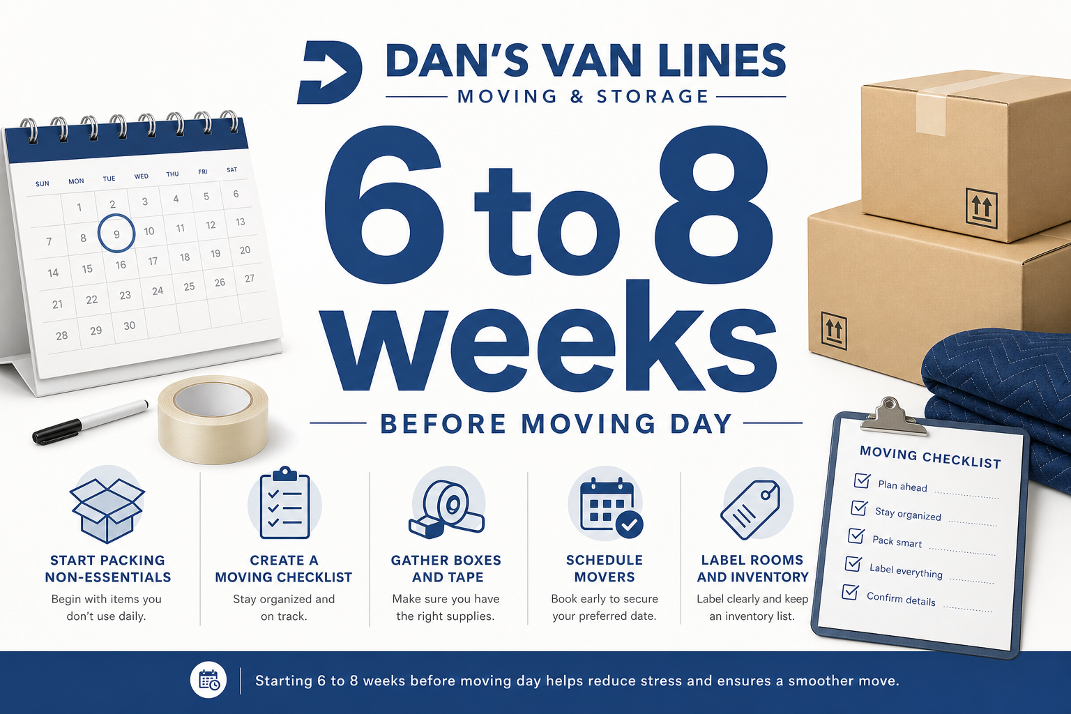 Large “6 to 8 weeks” text with a calendar, packed boxes, tape, and checklist showing when to start packing before moving day