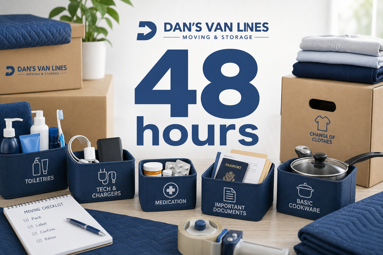 48 hours text centered above essentials boxes with toiletries, chargers, medication, documents, cookware, and clothes for moving day
