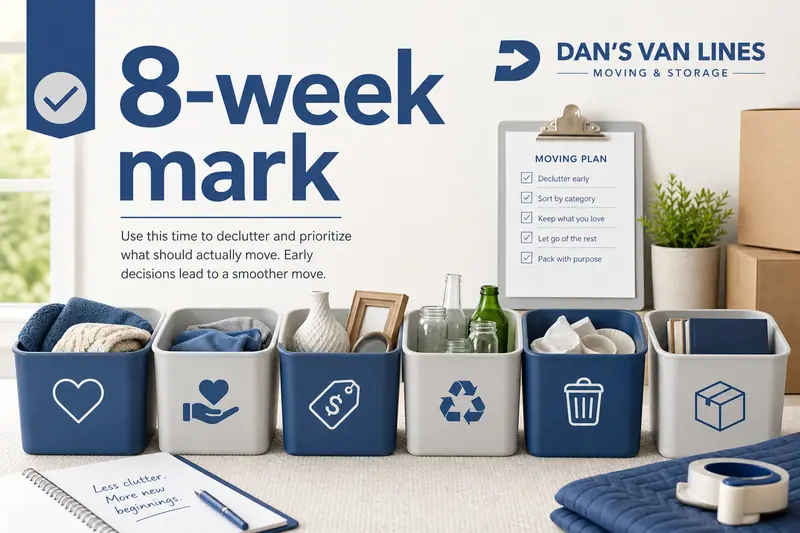 Checklist image with “8-week mark” and bins for keep, donate, sell, recycle, discard, and store before moving