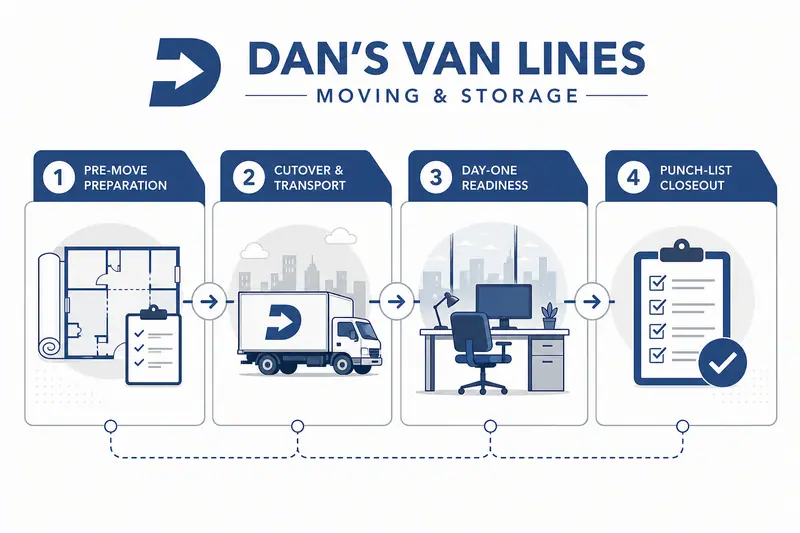 Four-step office relocation infographic showing pre-move prep, transport, day-one readiness, and punch-list closeout icons