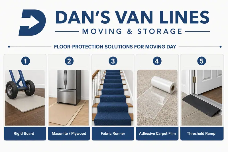 Infographic comparing five floor-protection solutions for moving: board under dolly wheels, plywood under appliances, stair runner, carpet film, and doorway ramp.