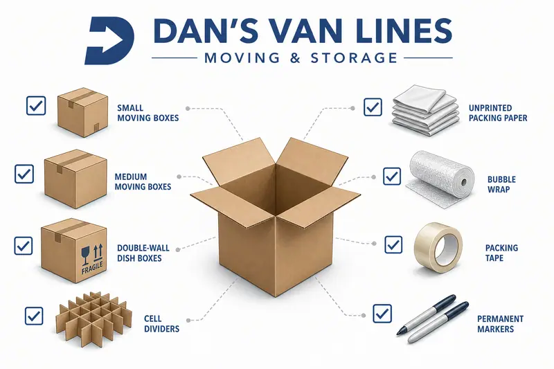 Checklist of fragile-packing supplies around an open moving box: boxes, dividers, paper, bubble wrap, tape, and markers