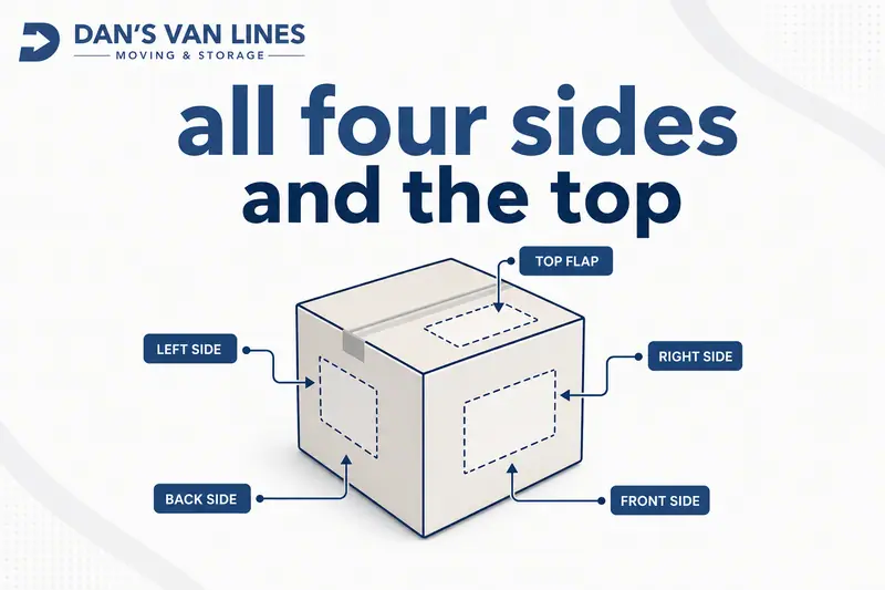 Box diagram labeled “all four sides and the top” to show fragile handling instructions on every visible side
