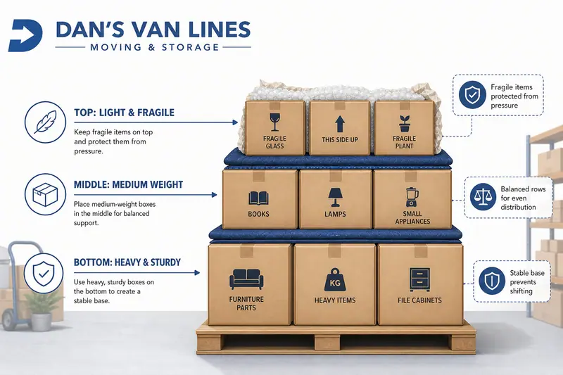 Stacking diagram with heavy boxes on the bottom, medium boxes in the middle, and fragile boxes on top, labeled for stability and protection