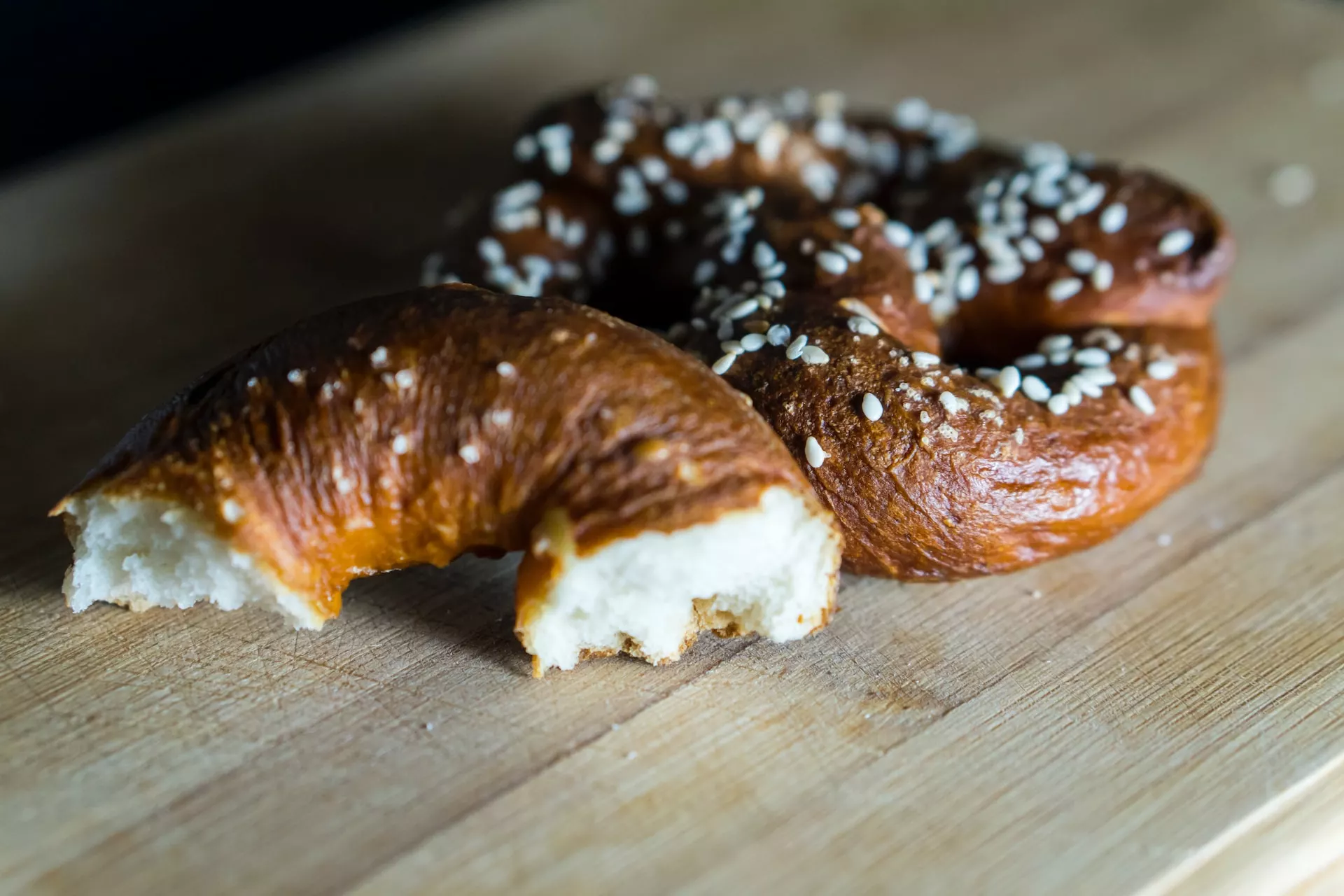 close up shot of large pretzels