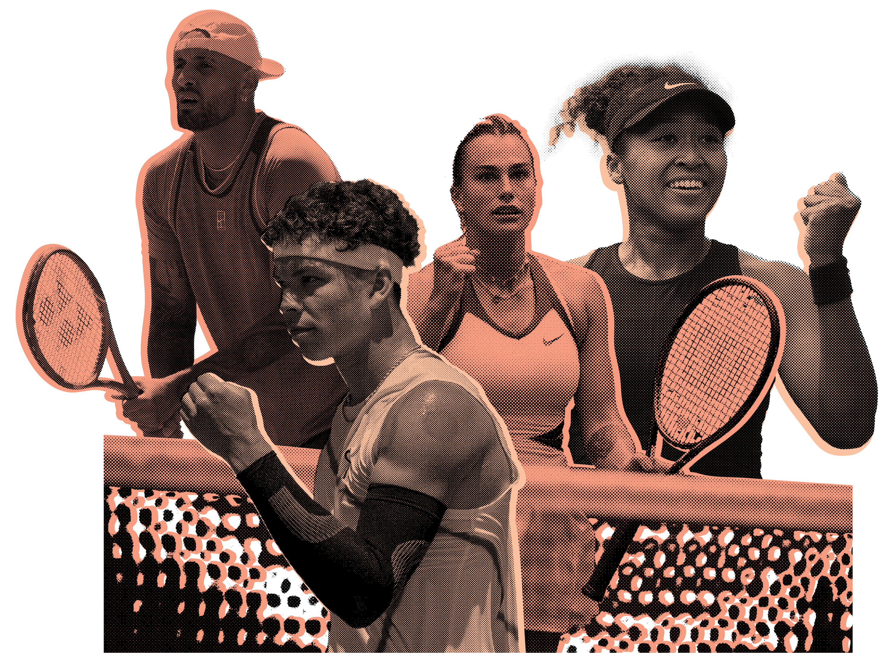 A halftone stylized grouped image of the famous tennis players Nick Kyrgios, Ben Shelton, Aryna Sabalenka, and Naomi Osaka