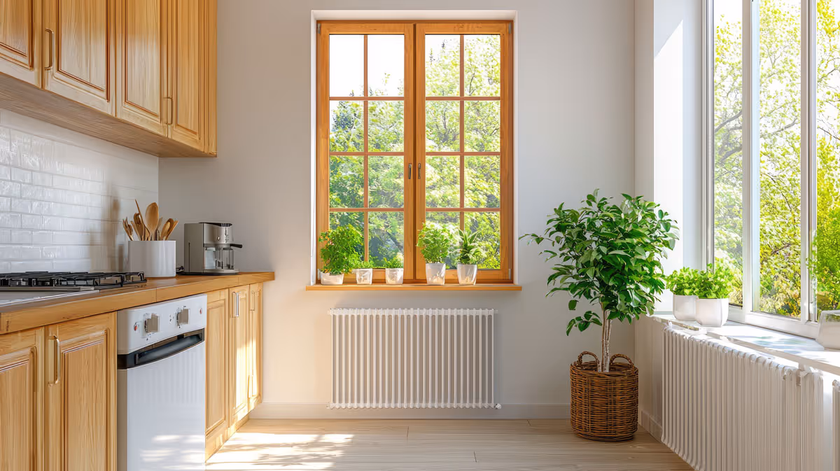 A kitchen with a view of greenery through the windows.