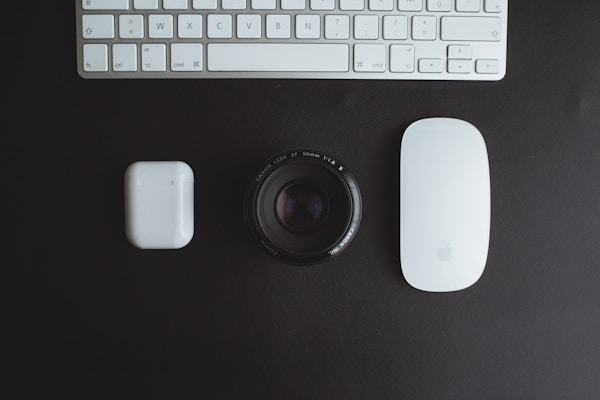 a camera, mouse, and keyboard on a desk