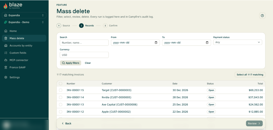 Blaze Mass delete screen: filter invoices, select records, then review and confirm