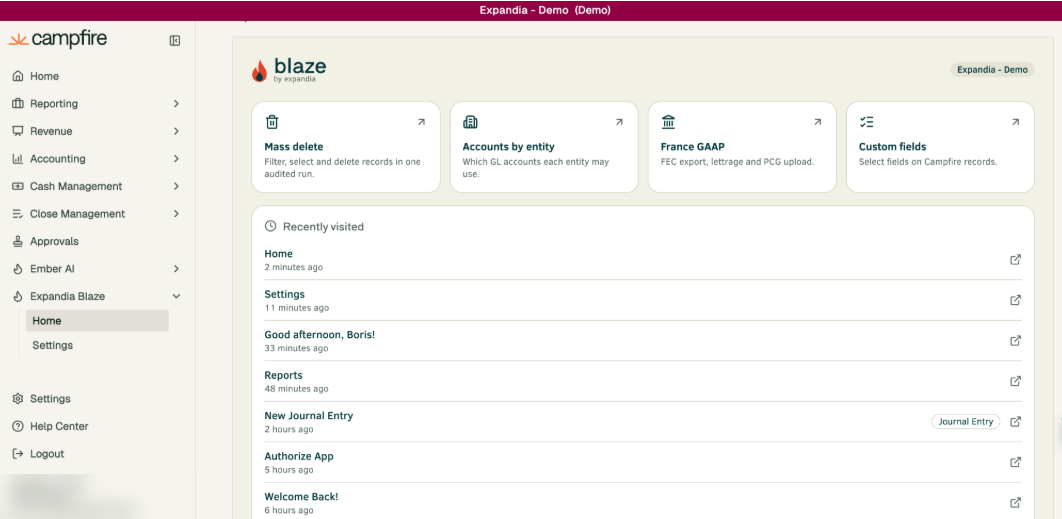 Expandia Blaze home page running inside Campfire, with shortcuts to Mass delete, Accounts by entity, France GAAP and Custom fields