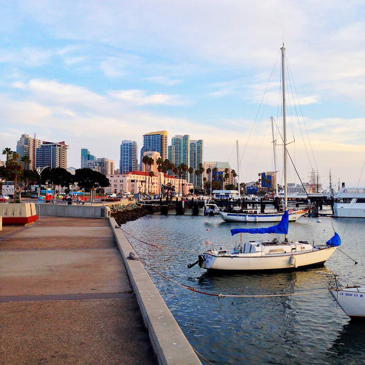 Taken from the pedestrian walkway along the Embarcadero area in San Diego, sailboats and fishing boats are docked along the pier, with the skyscrapers of San Diego's skyline in the background.