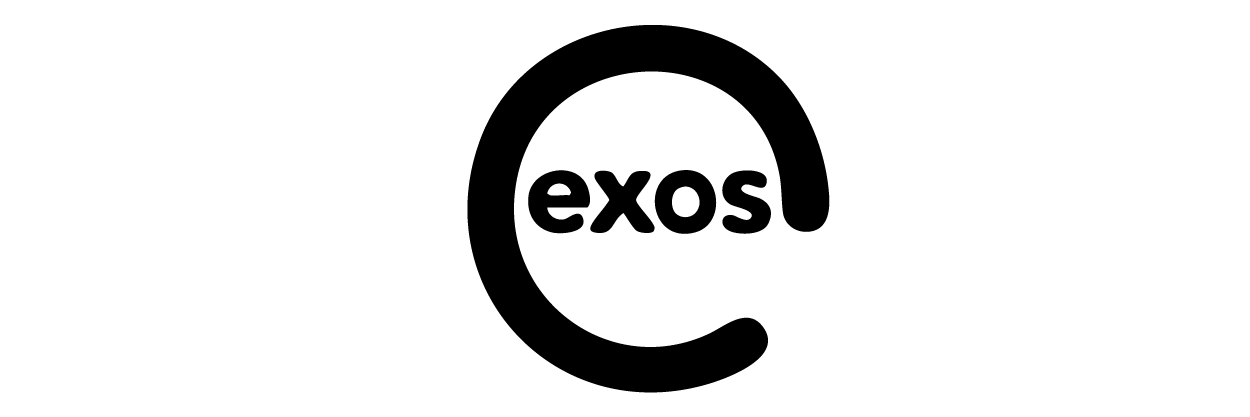Black circular arrow surrounding the word 'exos' in bold lowercase letters.
